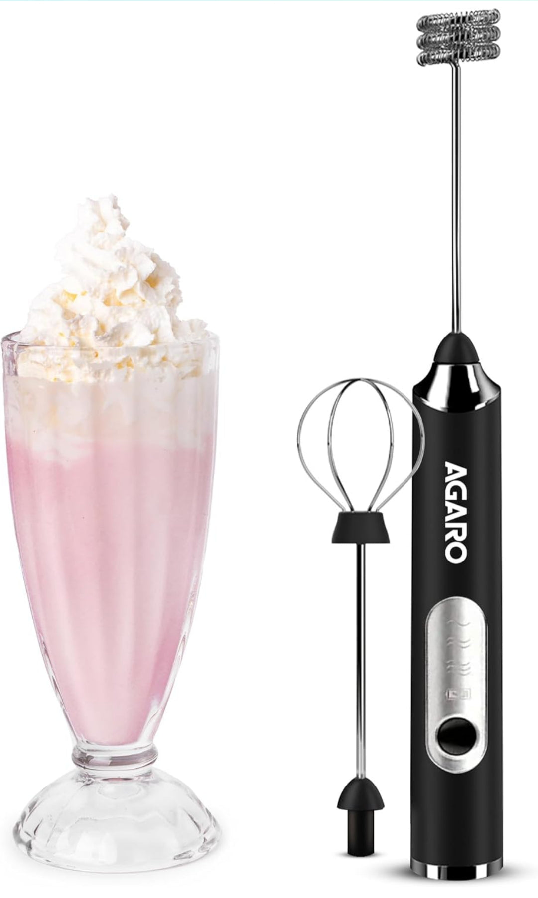 AGARO Royal Milk Frother, 3-Speed Electric Frother for Coffee with Whisk and Frother, Frother Mixer, Stand-up Design, for Cream (Whisk Milk frother), Rechargeable, Stainless Steel