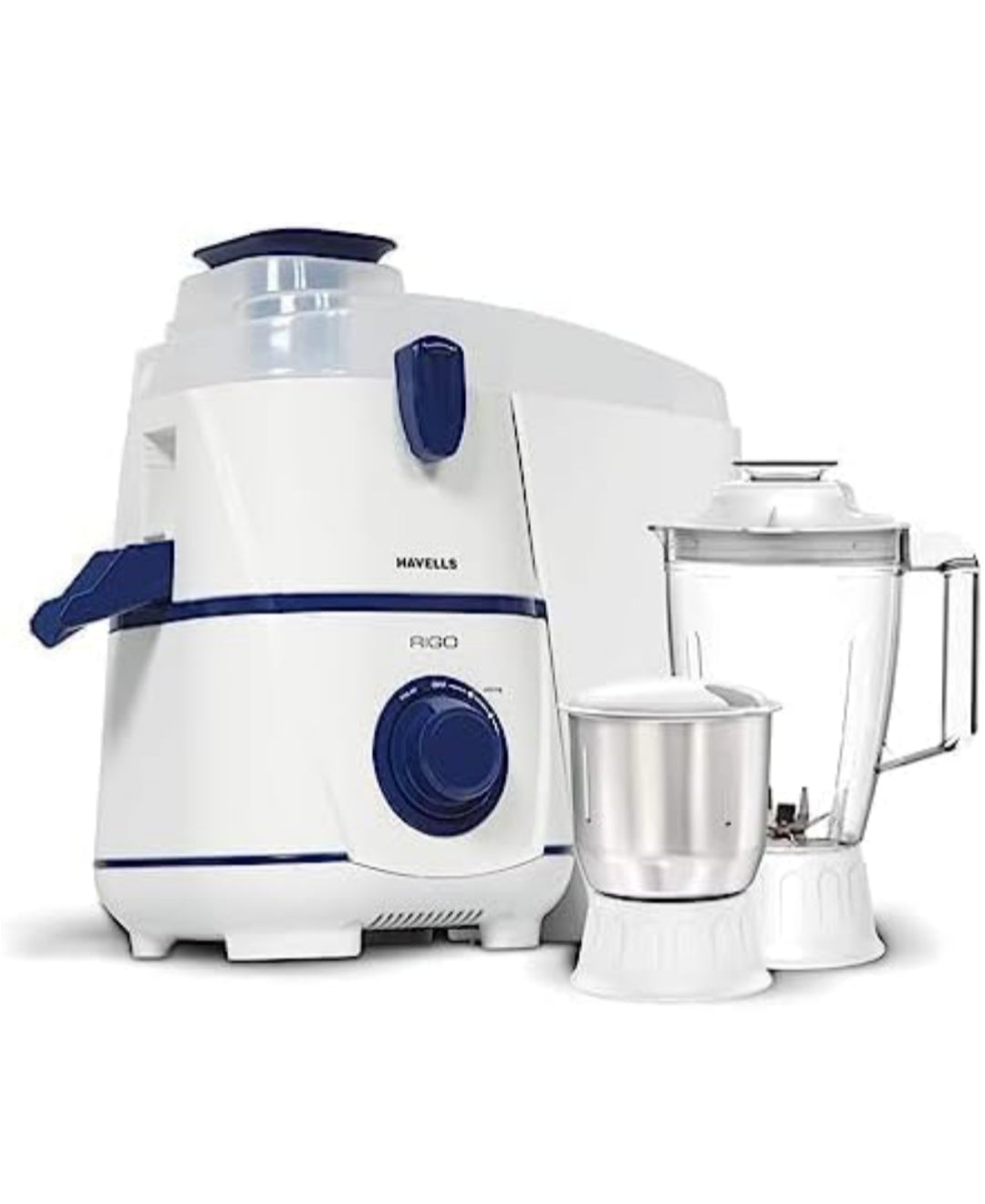 Havells Rigo Juicer Mixer Grinder, 500 Watt, 2 Jars|1.75 polycarbonate jar|2L large pulp container (White and Blue)