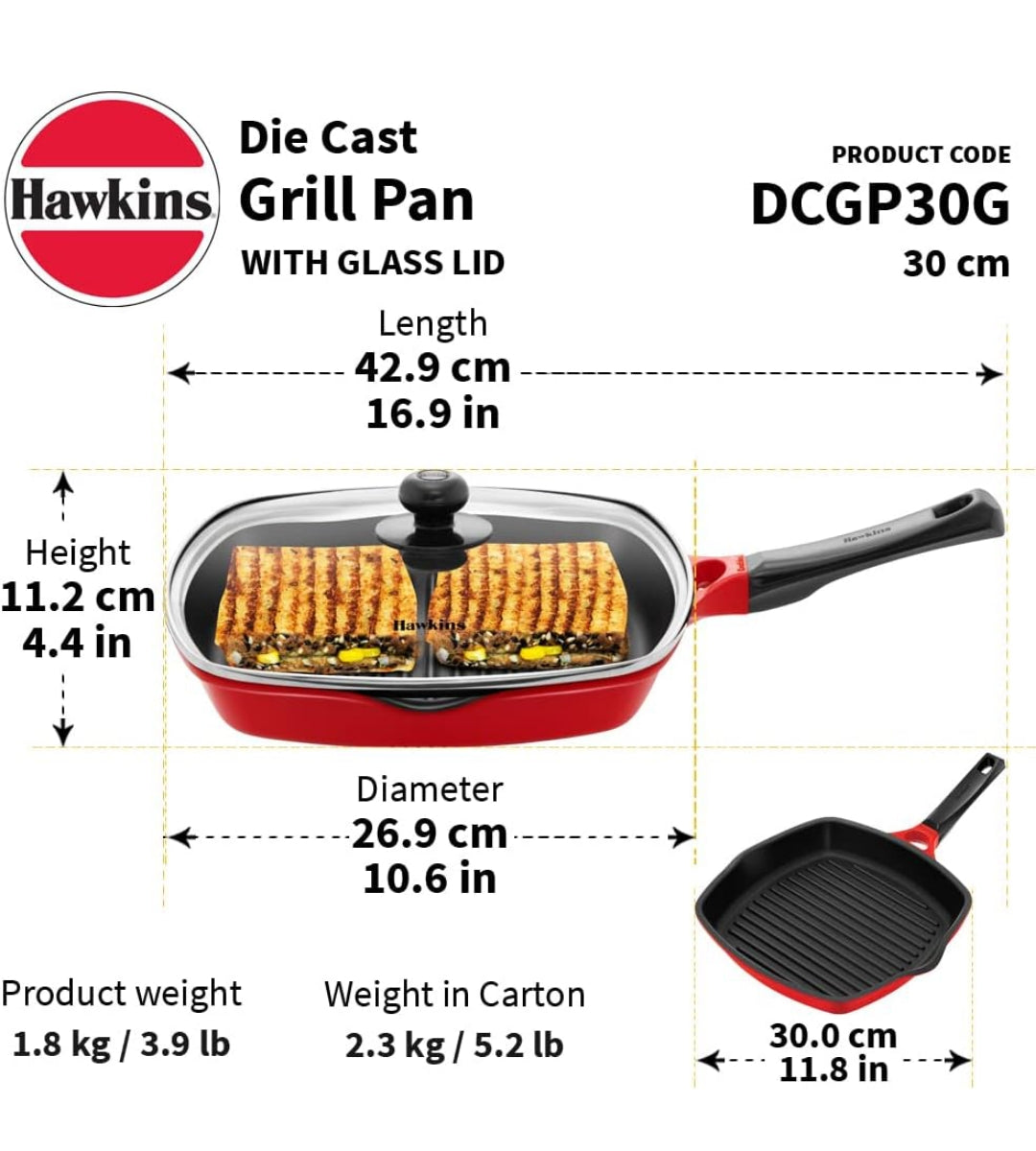 Hawkins 30 cm Square Grill Pan, Non Stick Die Cast Grilling Pan with Glass Lid, Gas Stove, Roast Pan