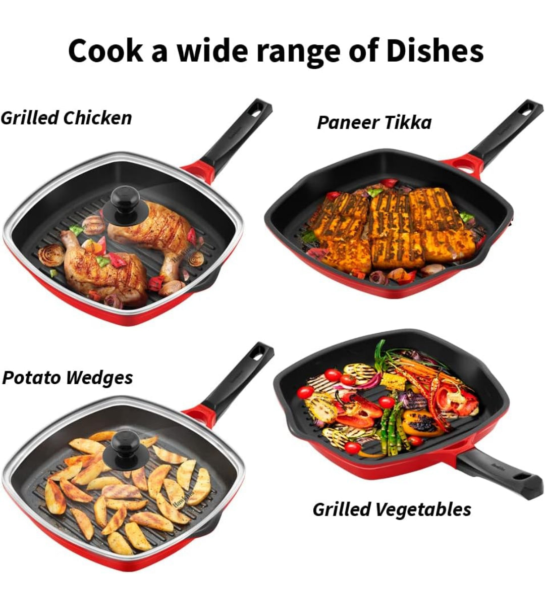 Hawkins 30 cm Square Grill Pan, Non Stick Die Cast Grilling Pan with Glass Lid, Gas Stove, Roast Pan