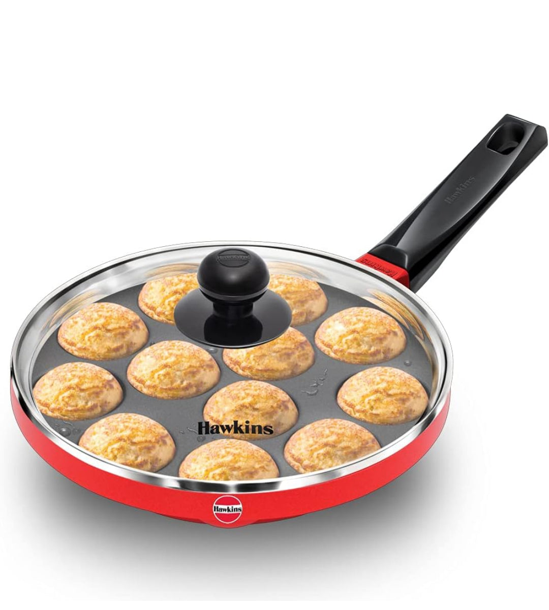 Hawkins Nonstick Appe Pan with Glass Lid, 12 Cups, Diameter 22 cm, Black , Cast Aluminium, Red