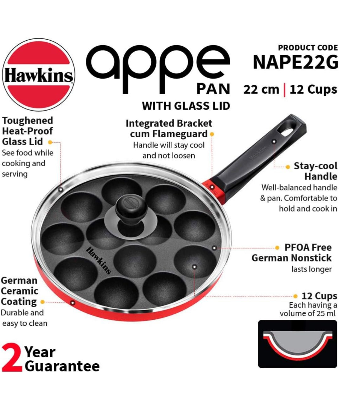 Hawkins Nonstick Appe Pan with Glass Lid, 12 Cups, Diameter 22 cm, Black , Cast Aluminium, Red