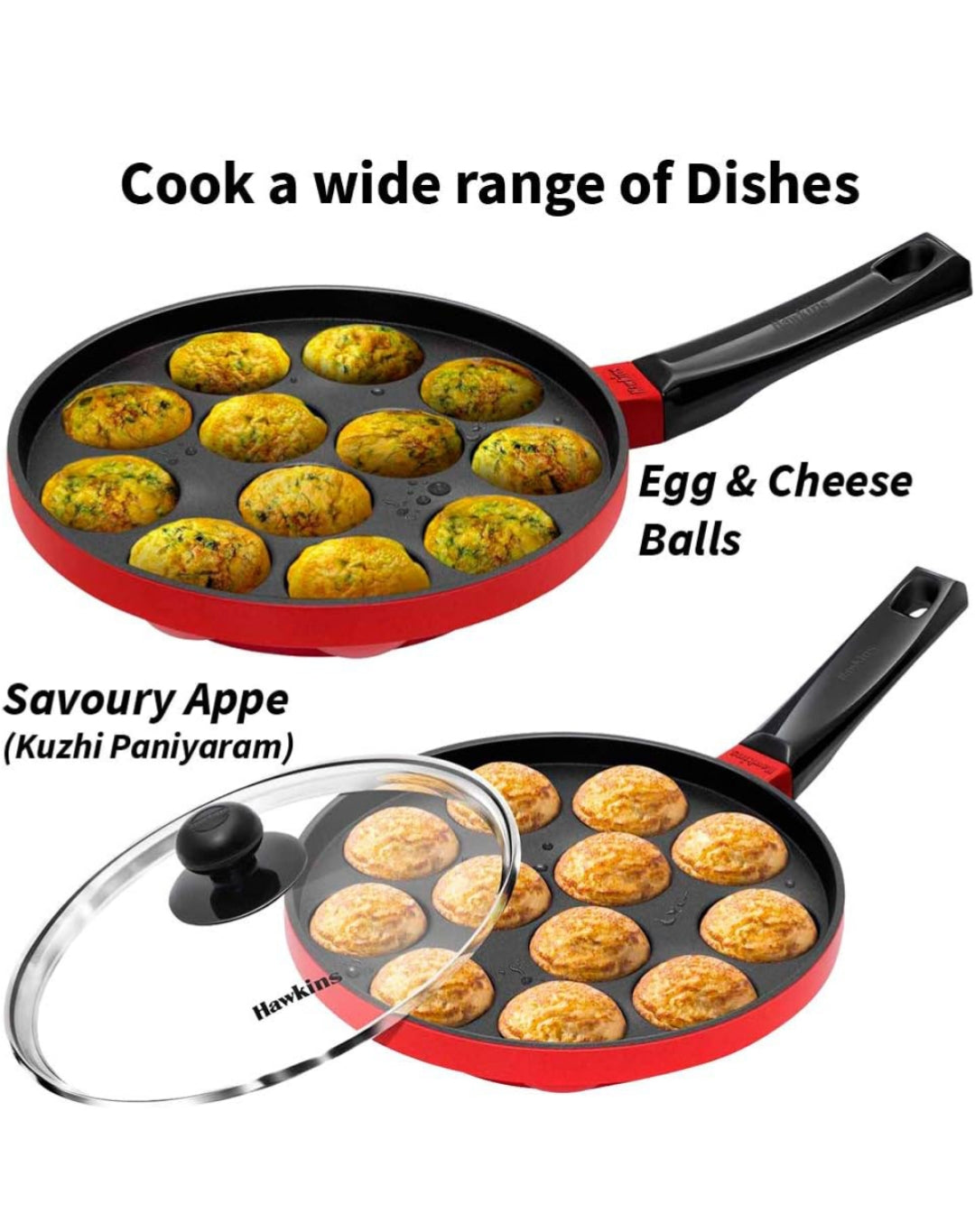 Hawkins Nonstick Appe Pan with Glass Lid, 12 Cups, Diameter 22 cm, Black , Cast Aluminium, Red