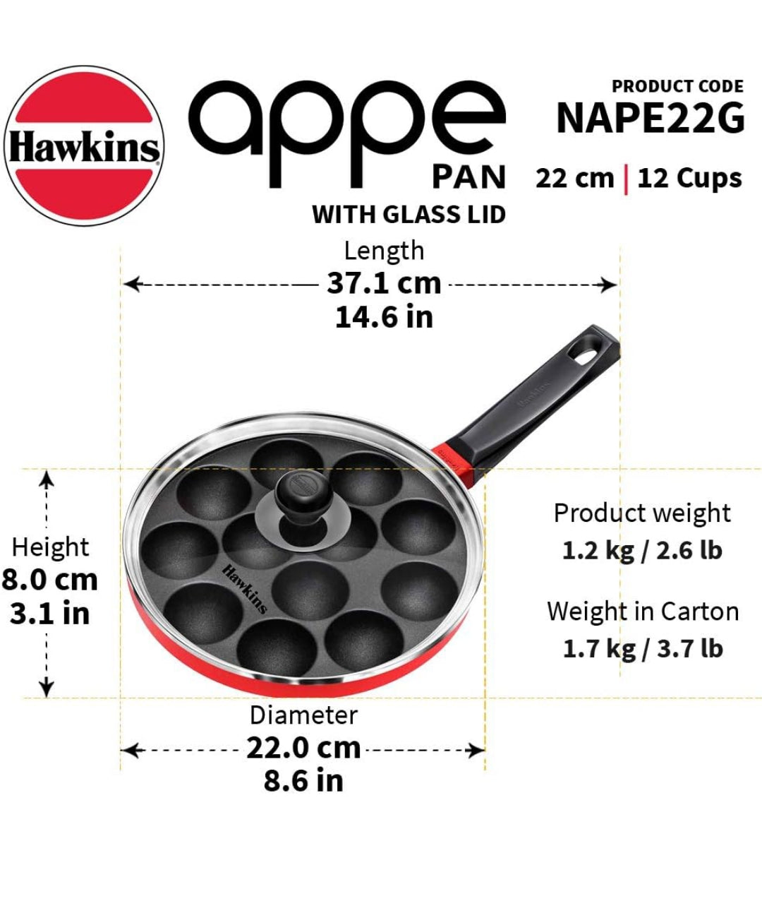 Hawkins Nonstick Appe Pan with Glass Lid, 12 Cups, Diameter 22 cm, Black , Cast Aluminium, Red