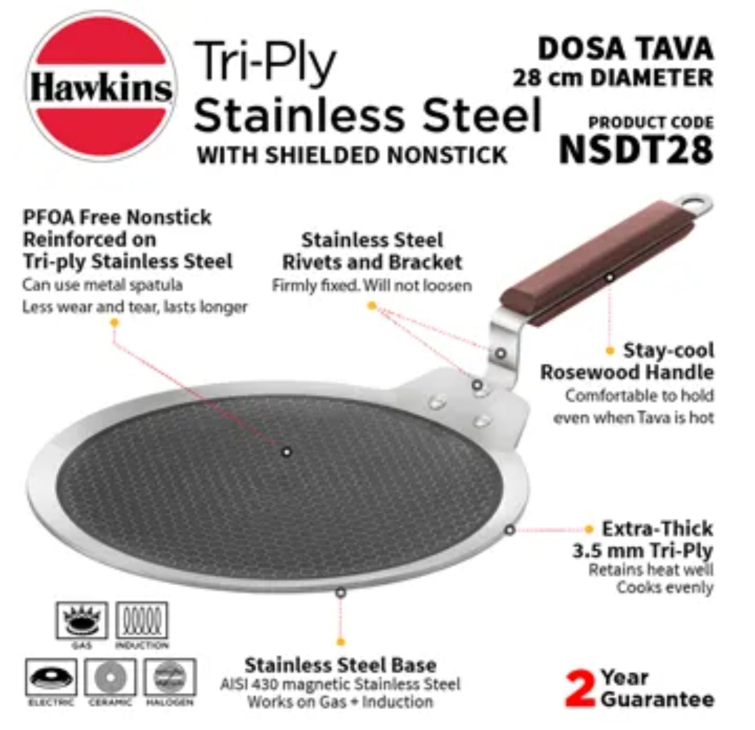 Hawkins Tri-ply Dosa Tava with Shielded Nonstick 28 cm (NSDT28)