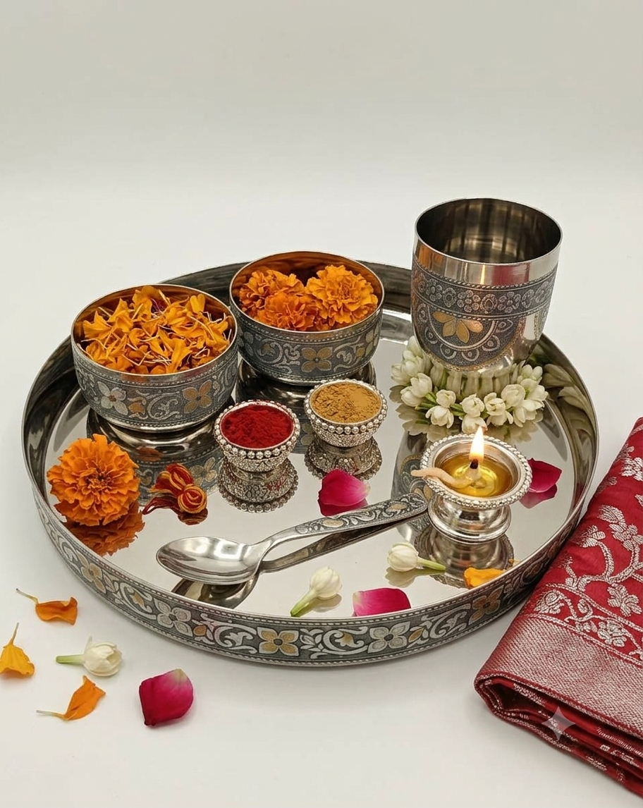 Antique 5-pc Thali Set with Intricate Floral Engraving