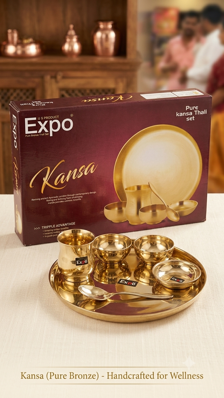 Pure Kansa Thali Set (12-Inch) – Handcrafted Ayurvedic Bronze Dinner Set with Glass, Bowls & Spoon