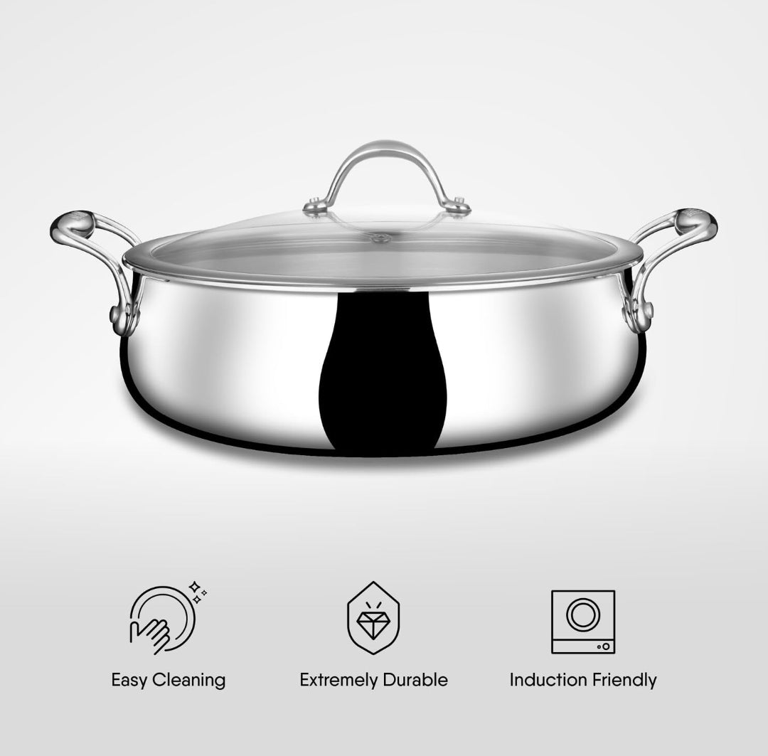 Stahl Triply Stainless Steel Biryani Handi with Dual lid, Steel Lid for Dum & Glass Lid for Serving