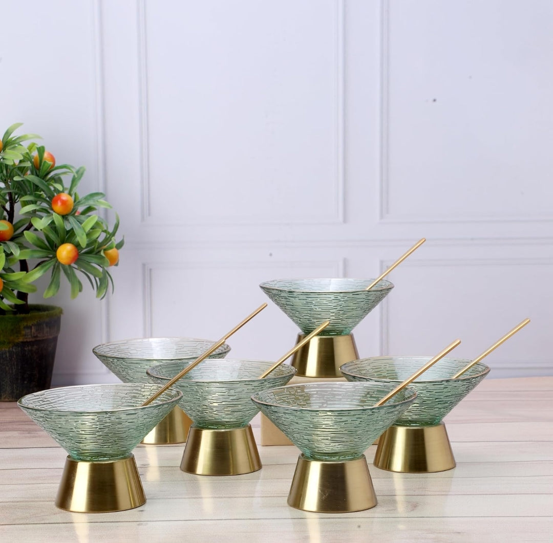 Hi-Lux Premium Green Glass Dessert Bowl Set – 6 Bowls with 6 golden Spoons