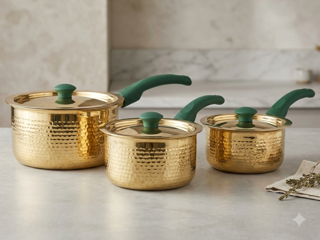 Premium Pure Brass Hammered Saucepan with Food-Grade Kalai Coating & Heat-Resistant Silicone Grip