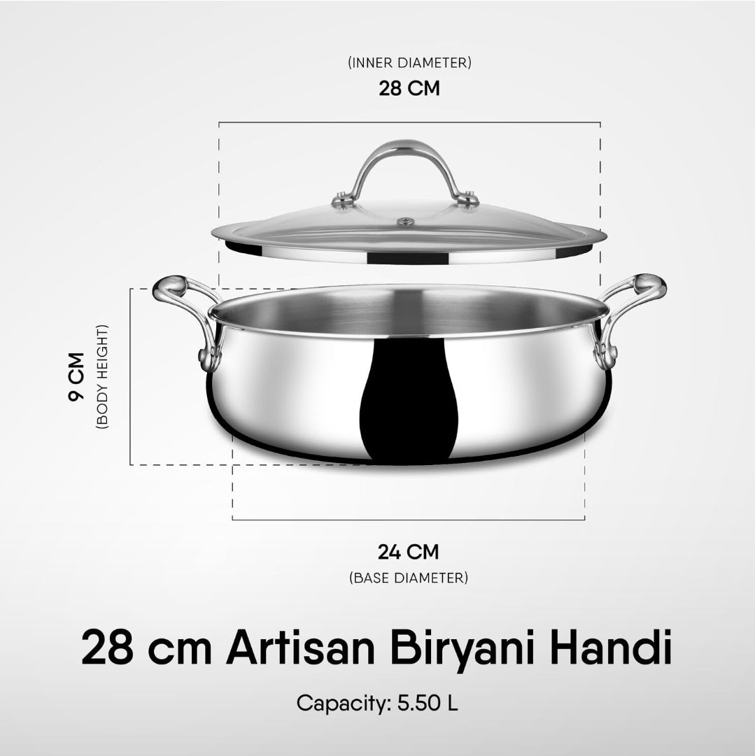 Stahl Triply Stainless Steel Biryani Handi with Dual lid, Steel Lid for Dum & Glass Lid for Serving
