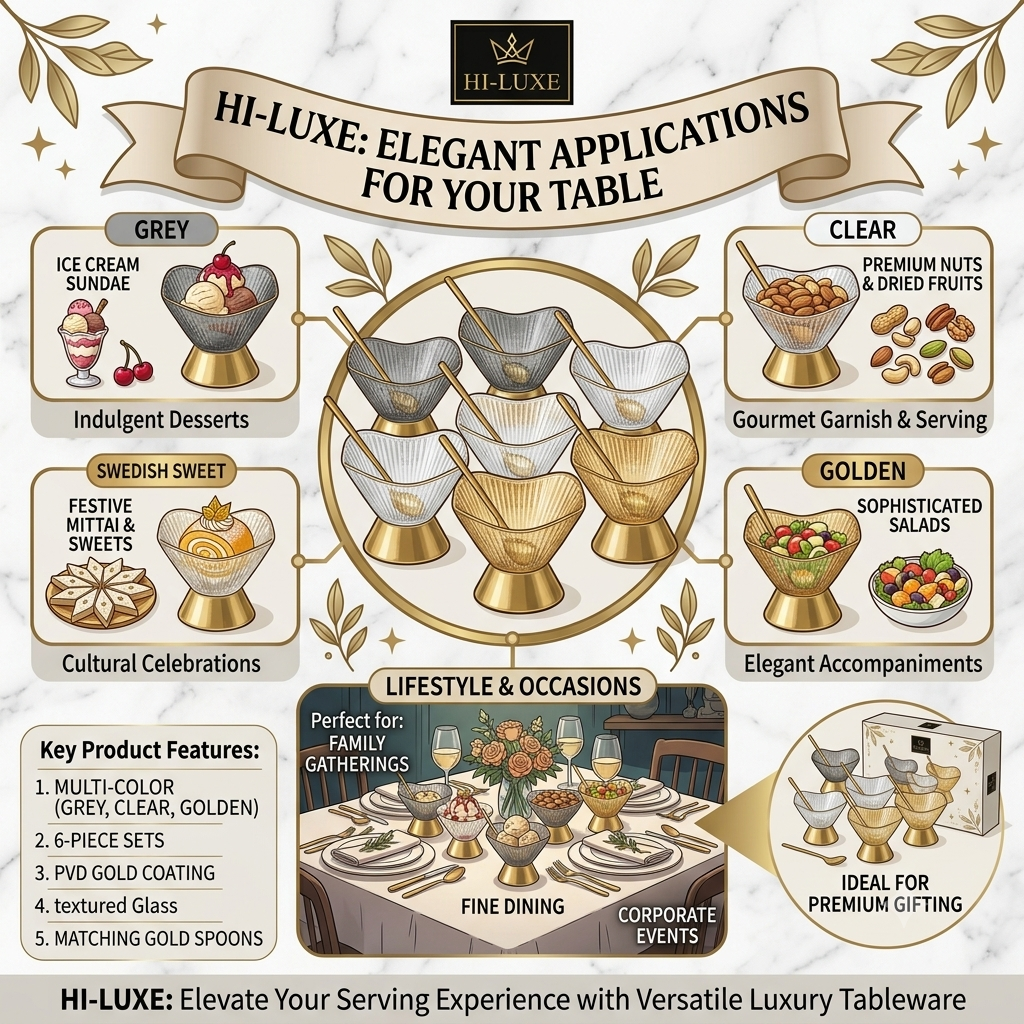 HI-LUXE Premium Glass Ice Cream Bowls Set with Golden PVD Coated Base & Spoons (Set of 6)