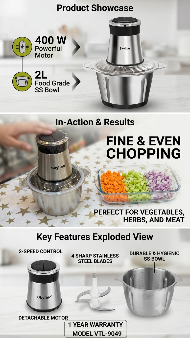Skyline VTL-9049 Electric Vegetable & Meat Chopper (400 Watts) | 2L Food Grade Stainless Steel Bowl | 4 Sharp SS Blades & 2-Speed Control