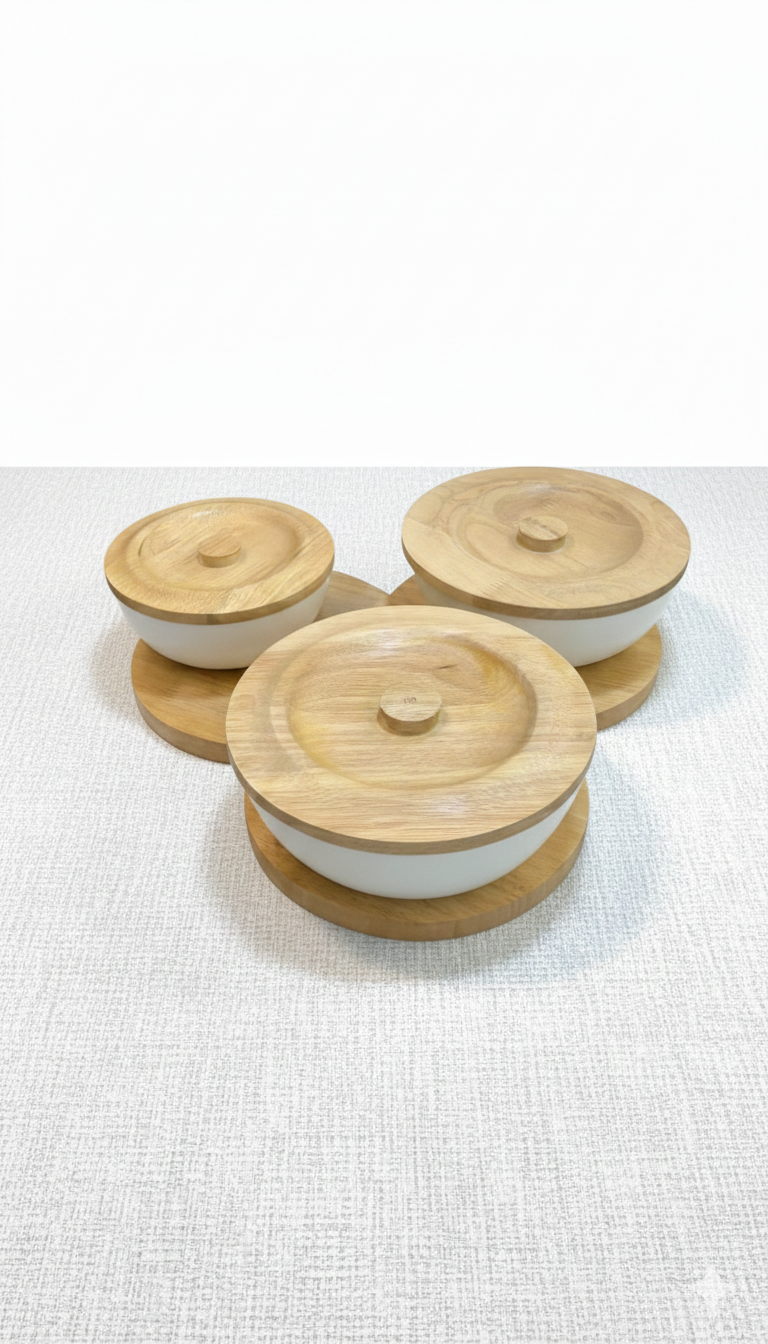 Trio of Ceramic Bowls with lids on woody tray
