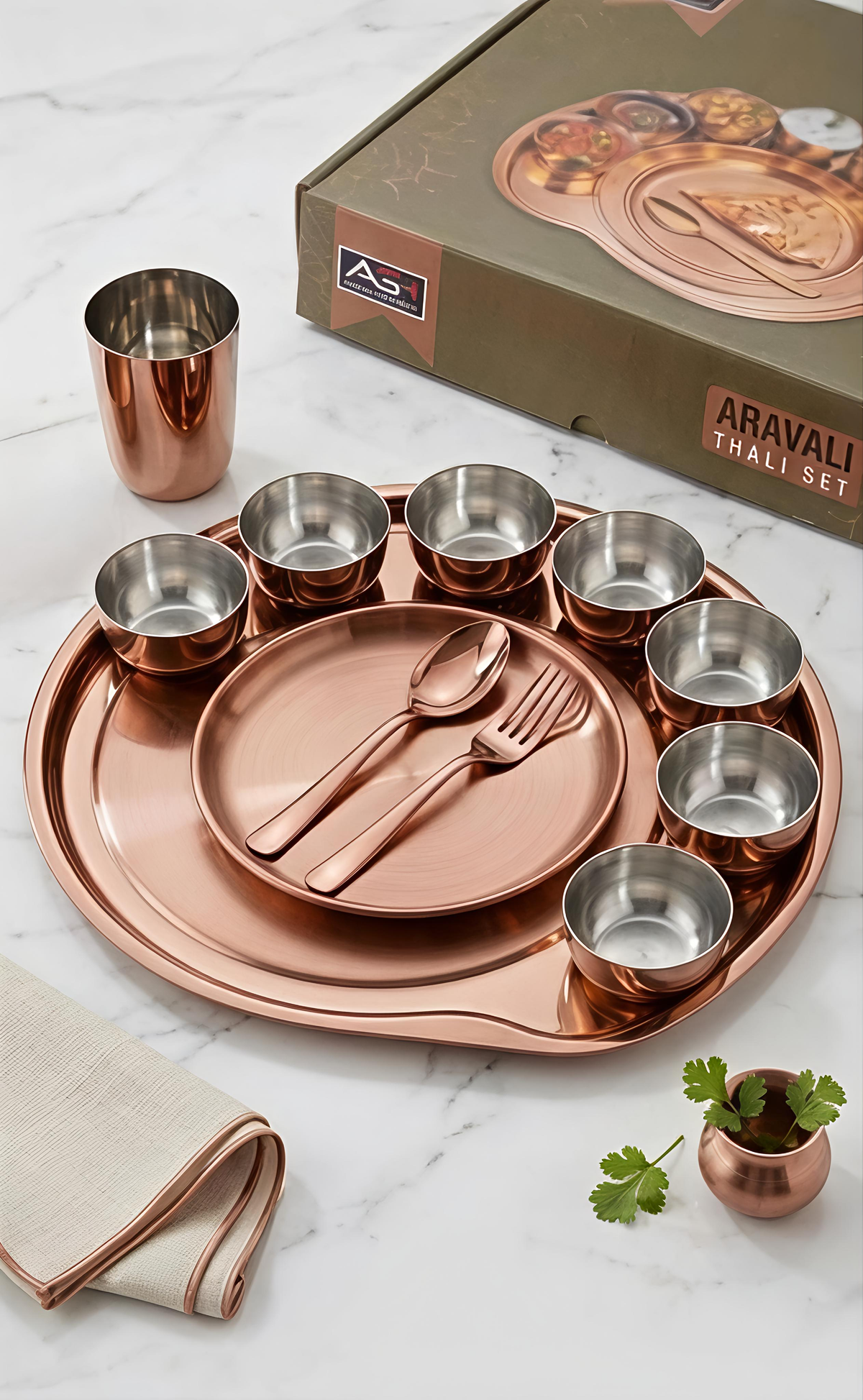 Premium PVD Gold | Rose Gold Coated Stainless Steel Aravali Thali Set (11-Piece)
