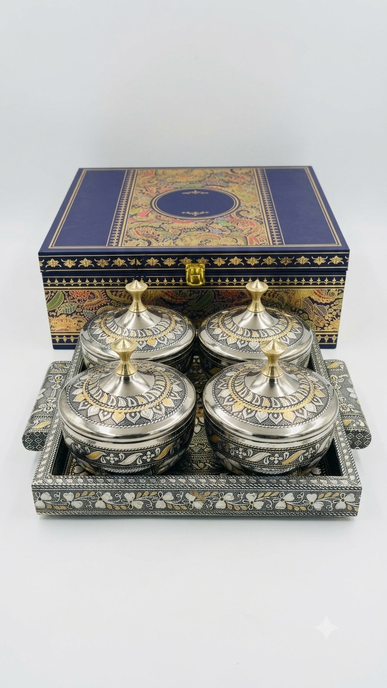 Royal Antique Meenakari 4-Jar Stainless Steel Dry Fruit Box & Tray Set (Luxury Gift Box)