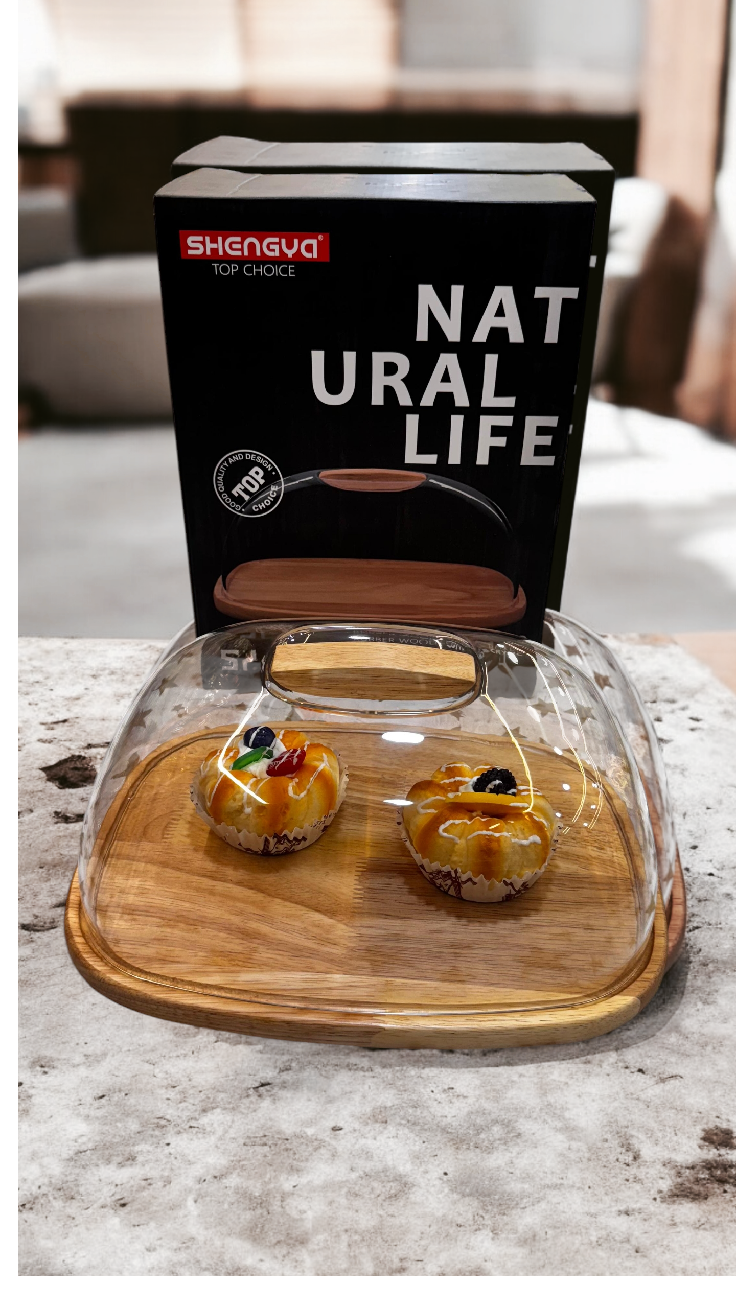 Acrylic Dome Wooden Cake Stand, Dessert and Cupcake Display Stand, Pastry Stand, Rectangular Cake Cutting Holder