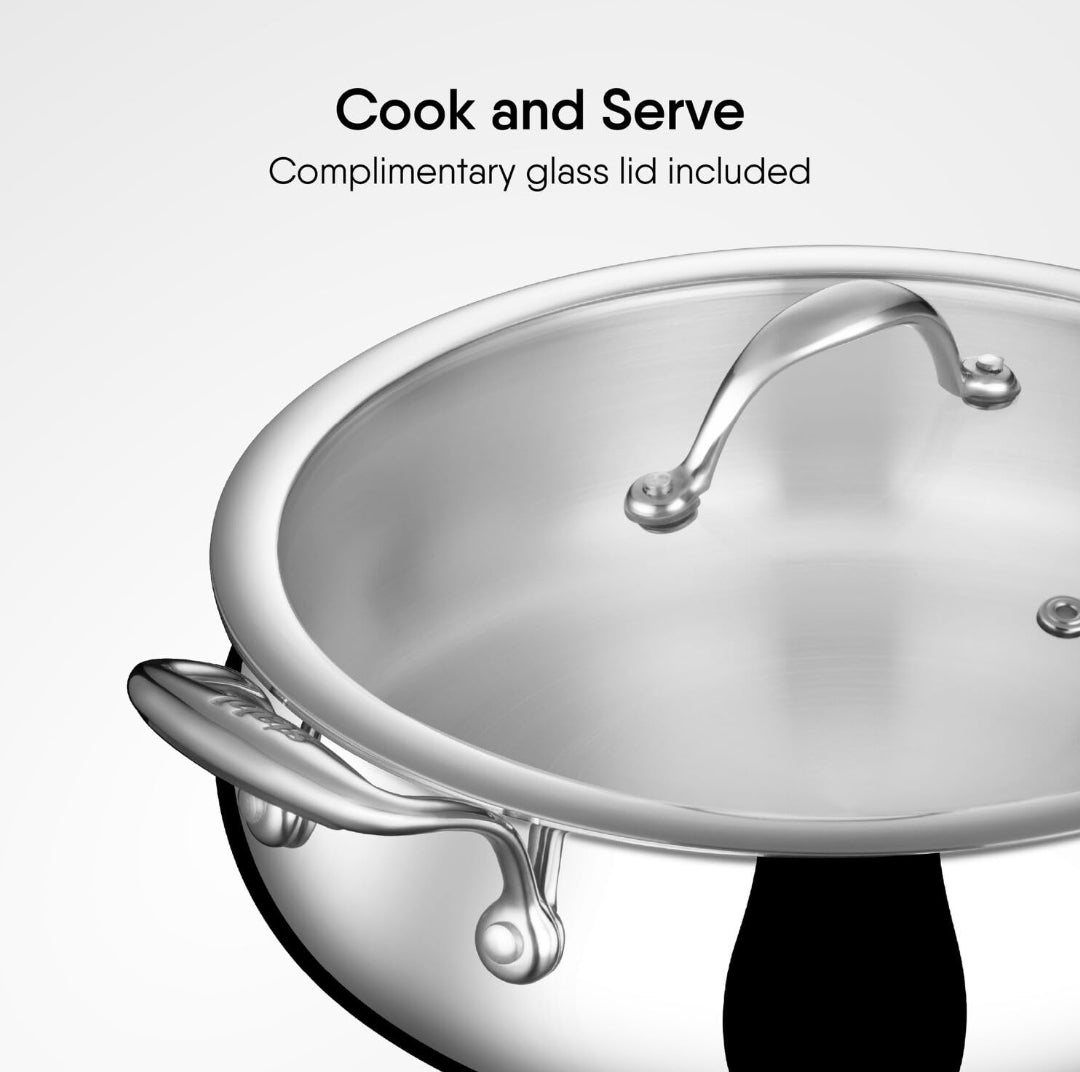 Stahl Triply Stainless Steel Biryani Handi with Dual lid, Steel Lid for Dum & Glass Lid for Serving