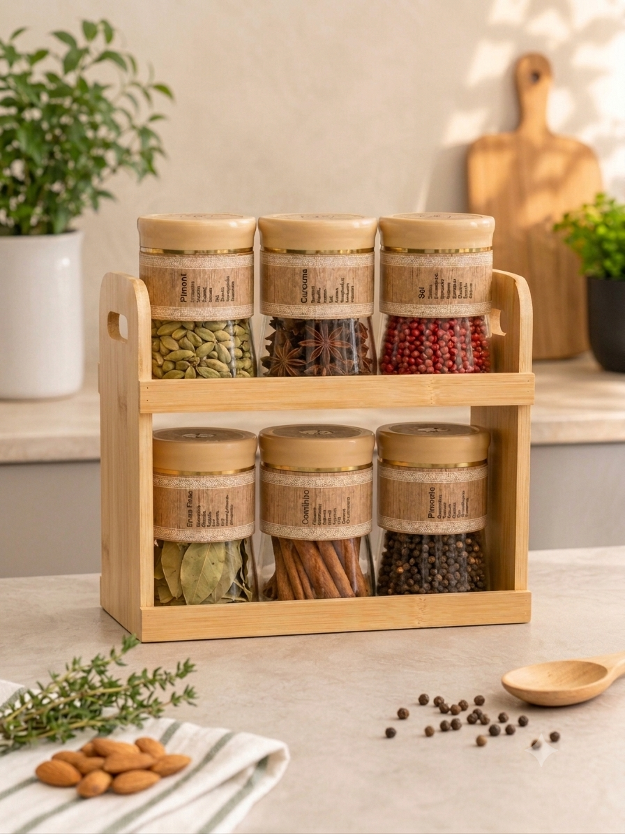 2-Tier Pure Bamboo Kitchen Storage Rack with 6 Glass Spice Jars
