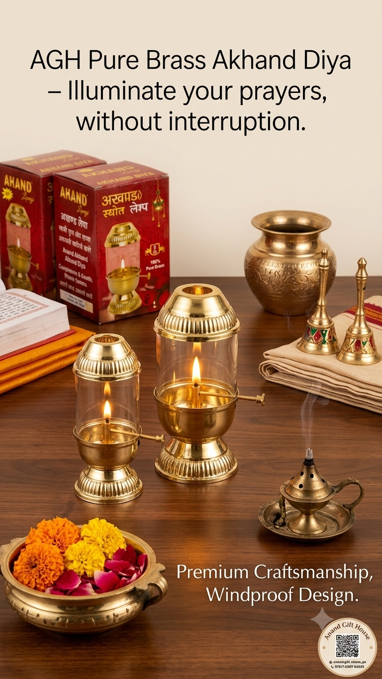 Pure Brass Akhand Diya with Heat-Resistant Glass Cover & Adjustable Wick Mechanism