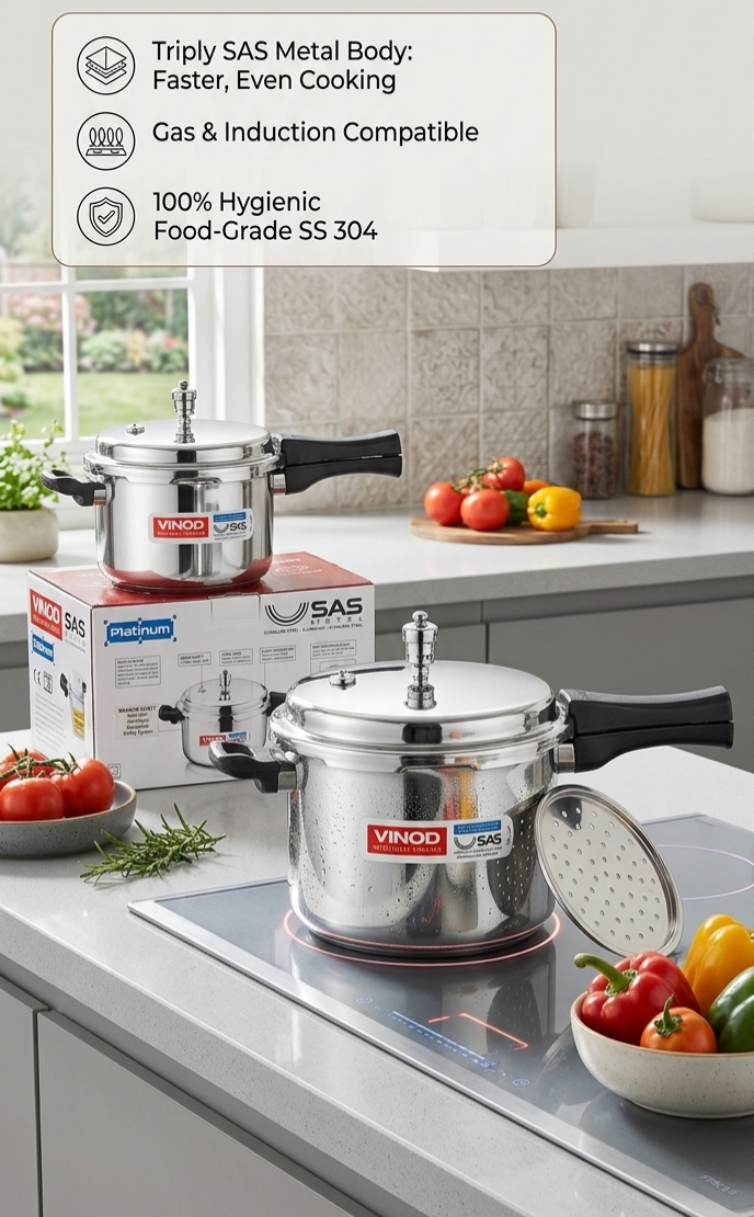 Vinod Platinum Triply Stainless Steel Pressure Cooker – SAS Technology Outer Lid Cooker | Gas & Induction Friendly with Steaming Grid