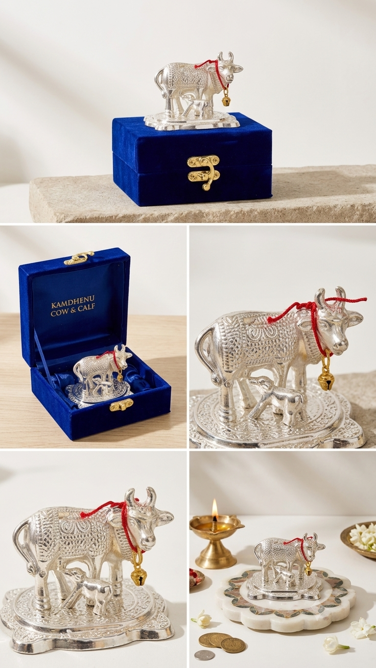Silver Plated Kamdhenu Cow and Calf Idol (10pc set) with Velvet Gift Box (Auspicious Vastu & Return Gift)