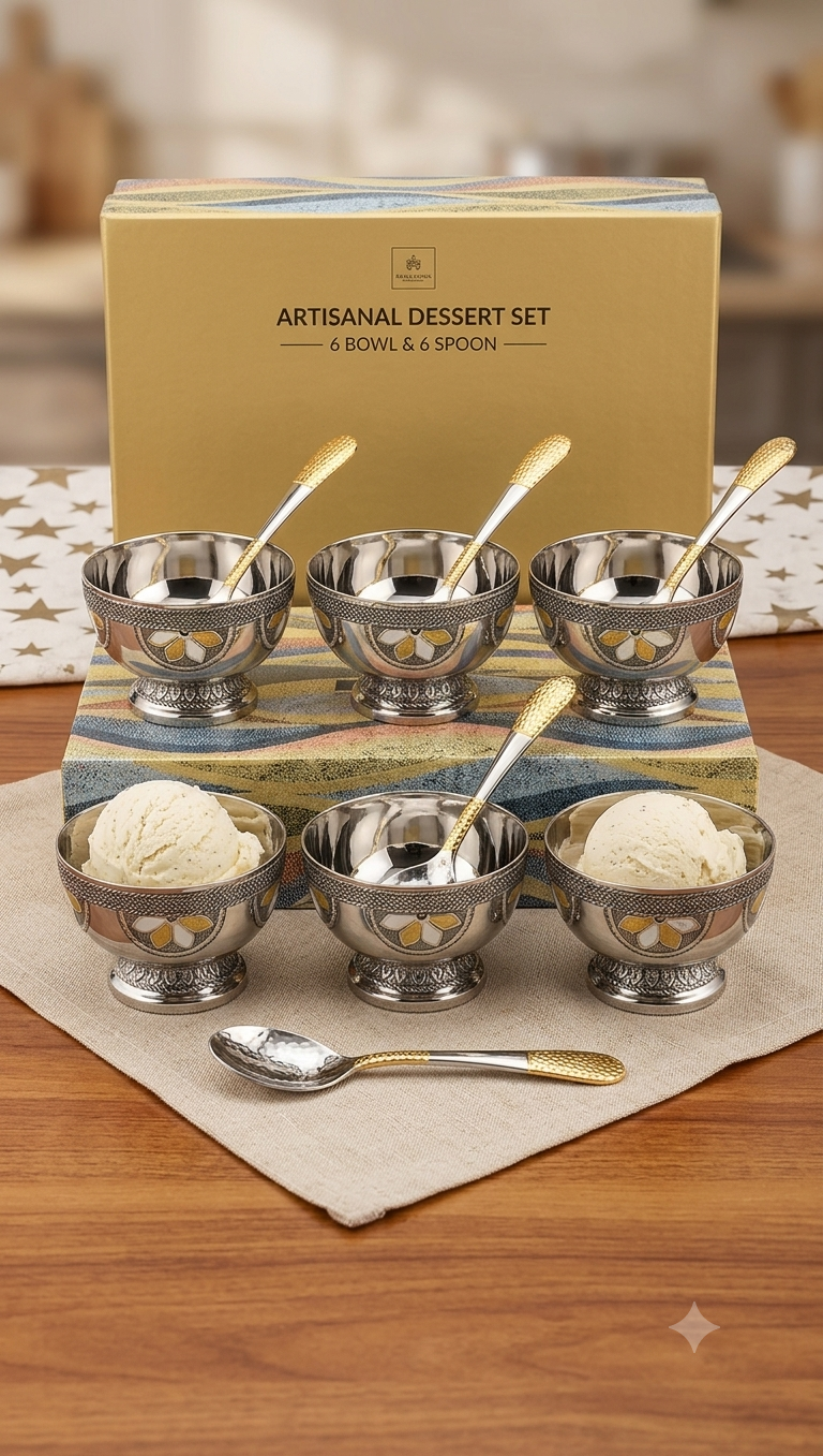 Handcrafted Etched Stainless Steel Ice Cream Bowl with Spoon | Luxury Dessert Set