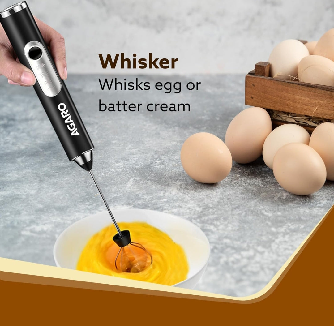 AGARO Royal Milk Frother, 3-Speed Electric Frother for Coffee with Whisk and Frother, Frother Mixer, Stand-up Design, for Cream (Whisk Milk frother), Rechargeable, Stainless Steel