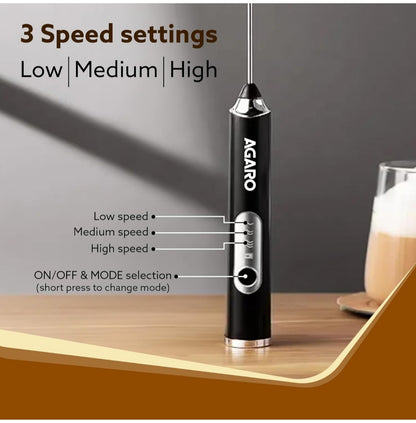 AGARO Royal Milk Frother, 3-Speed Electric Frother for Coffee with Whisk and Frother, Frother Mixer, Stand-up Design, for Cream (Whisk Milk frother), Rechargeable, Stainless Steel