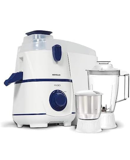 Havells Rigo Juicer Mixer Grinder, 500 Watt, 2 Jars|1.75 polycarbonate jar|2L large pulp container (White and Blue)