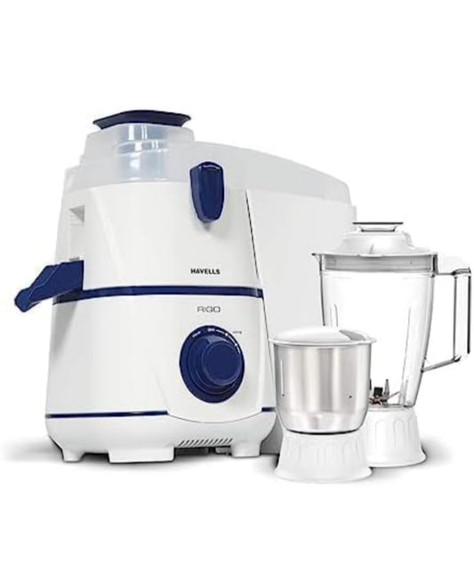 Havells Rigo Juicer Mixer Grinder, 500 Watt, 2 Jars|1.75 polycarbonate jar|2L large pulp container (White and Blue)
