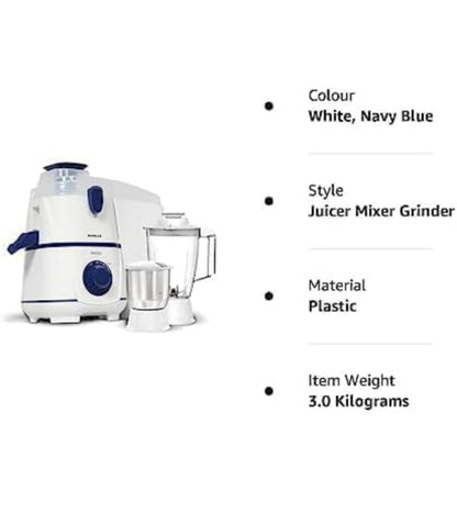 Havells Rigo Juicer Mixer Grinder, 500 Watt, 2 Jars|1.75 polycarbonate jar|2L large pulp container (White and Blue)