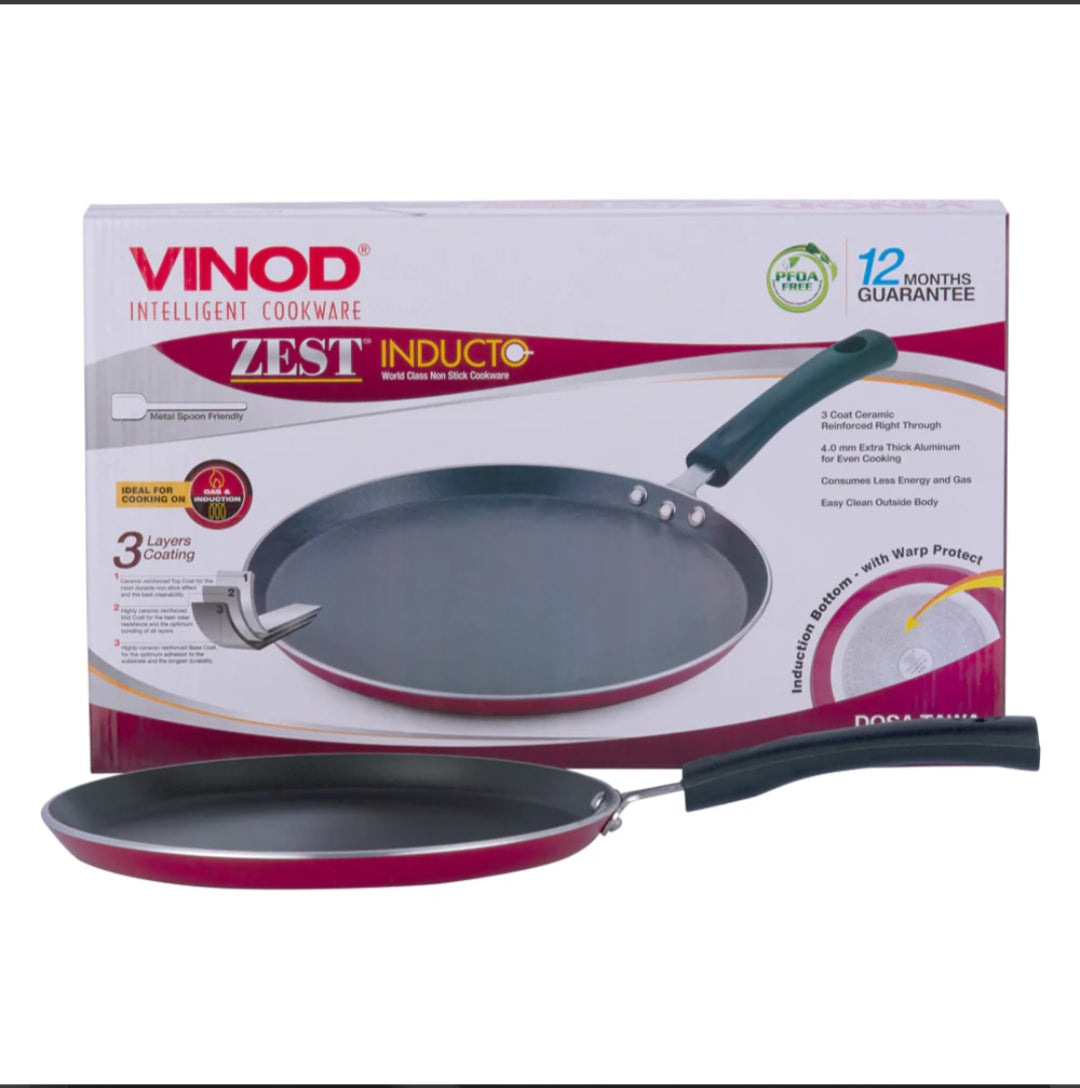 Vinod Inducto Aluminium Non Stick Dosa tawa | Flat Bottom Tawa | 5 mm Extra Thick | 3 Layer Ceramic Coating | Metal Spoon Friendly | Induction Base