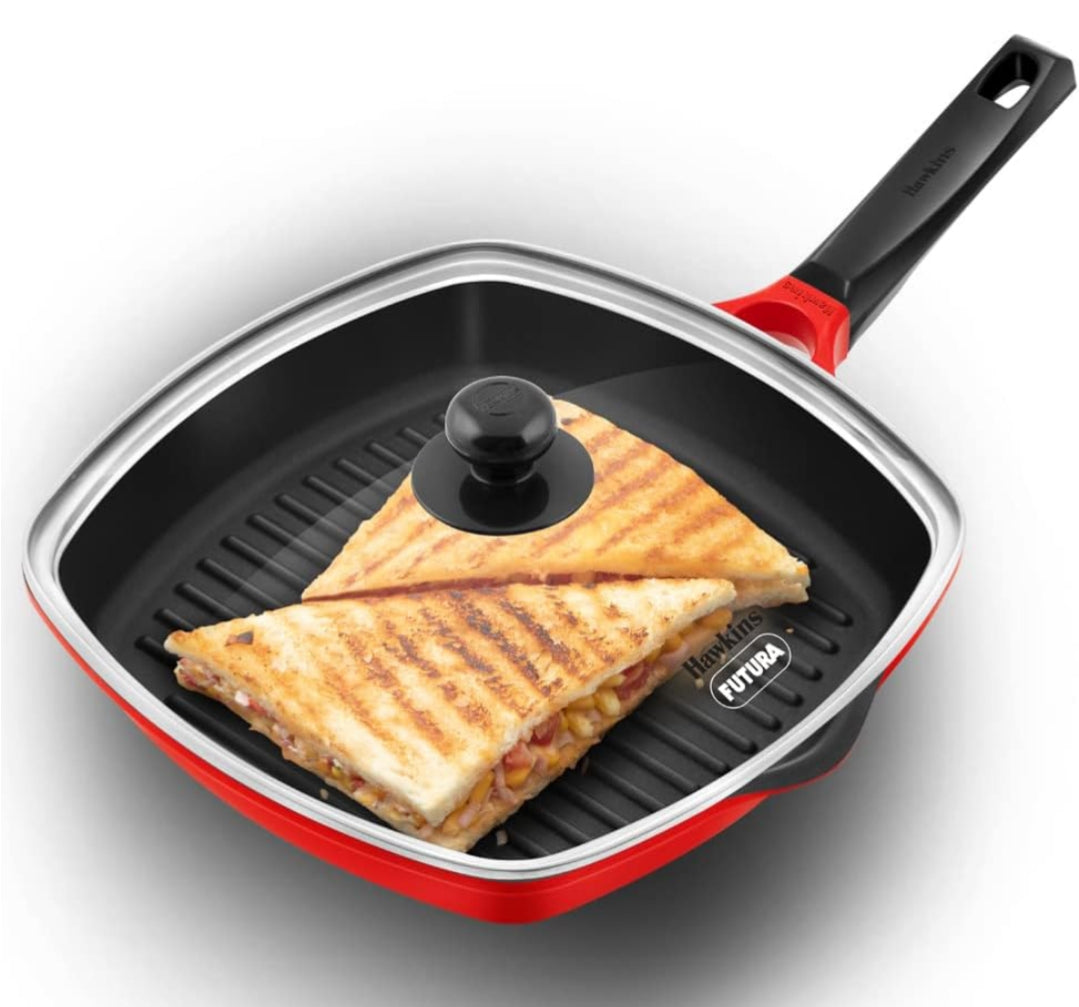Hawkins 30 cm Grill Pan, Non Stick Die Cast Grilling Pan with Glass Lid, Square Grill Pan for Gas Stove, Ceramic Coated Pan, Roast Pan