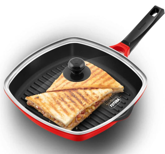 Hawkins 30 cm Grill Pan, Non Stick Die Cast Grilling Pan with Glass Lid, Square Grill Pan for Gas Stove, Ceramic Coated Pan, Roast Pan