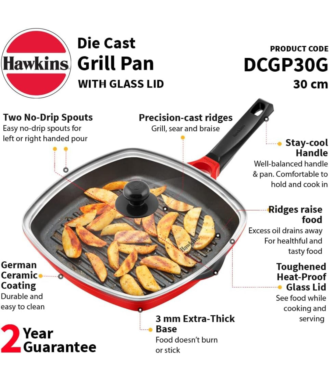 Hawkins 30 cm Grill Pan, Non Stick Die Cast Grilling Pan with Glass Lid, Square Grill Pan for Gas Stove, Ceramic Coated Pan, Roast Pan