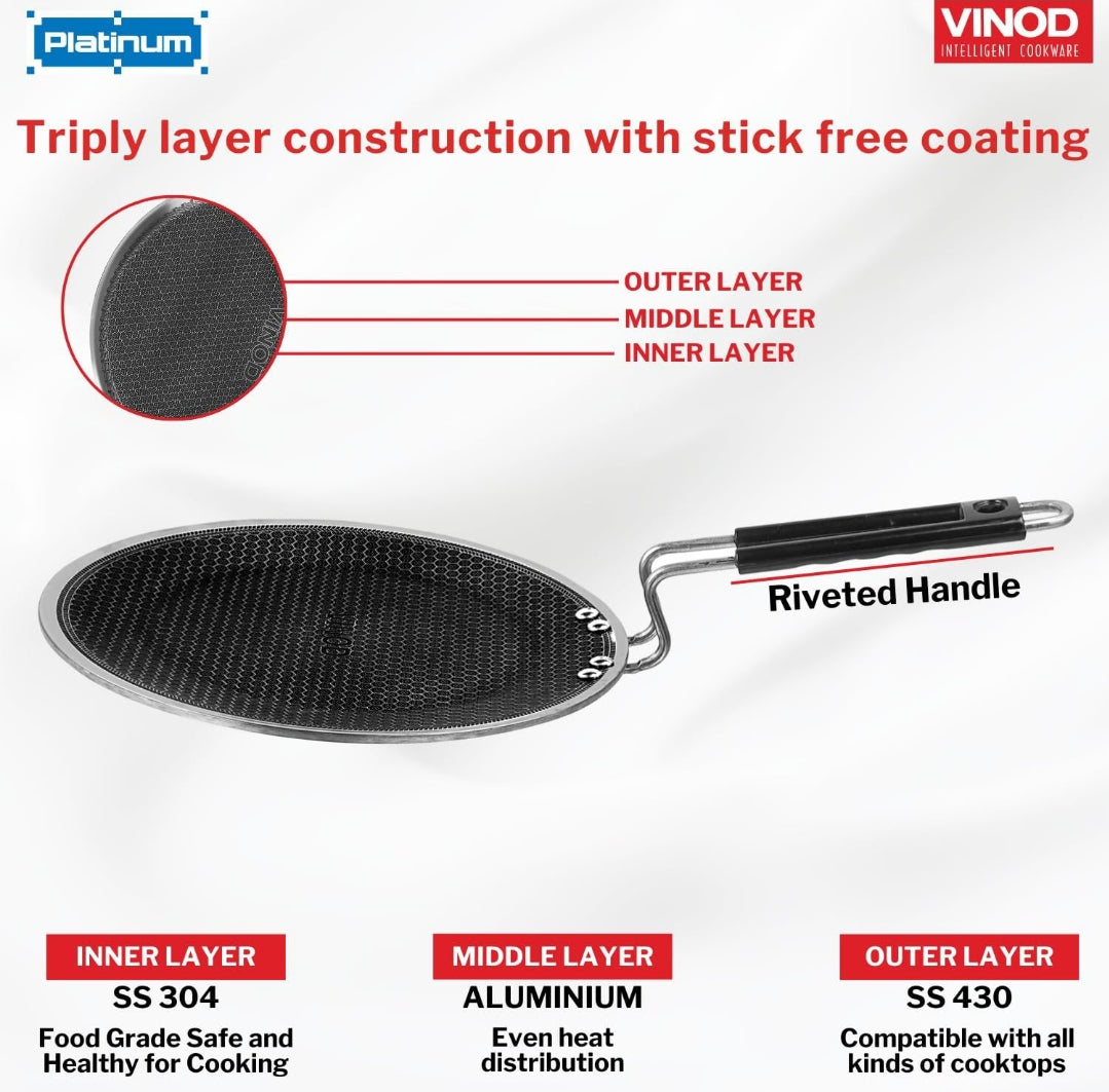 Vinod Platinum Triply Stainless Steel
SAS Pro Concave Tawa - 25 Cm
(Induction Friendly)