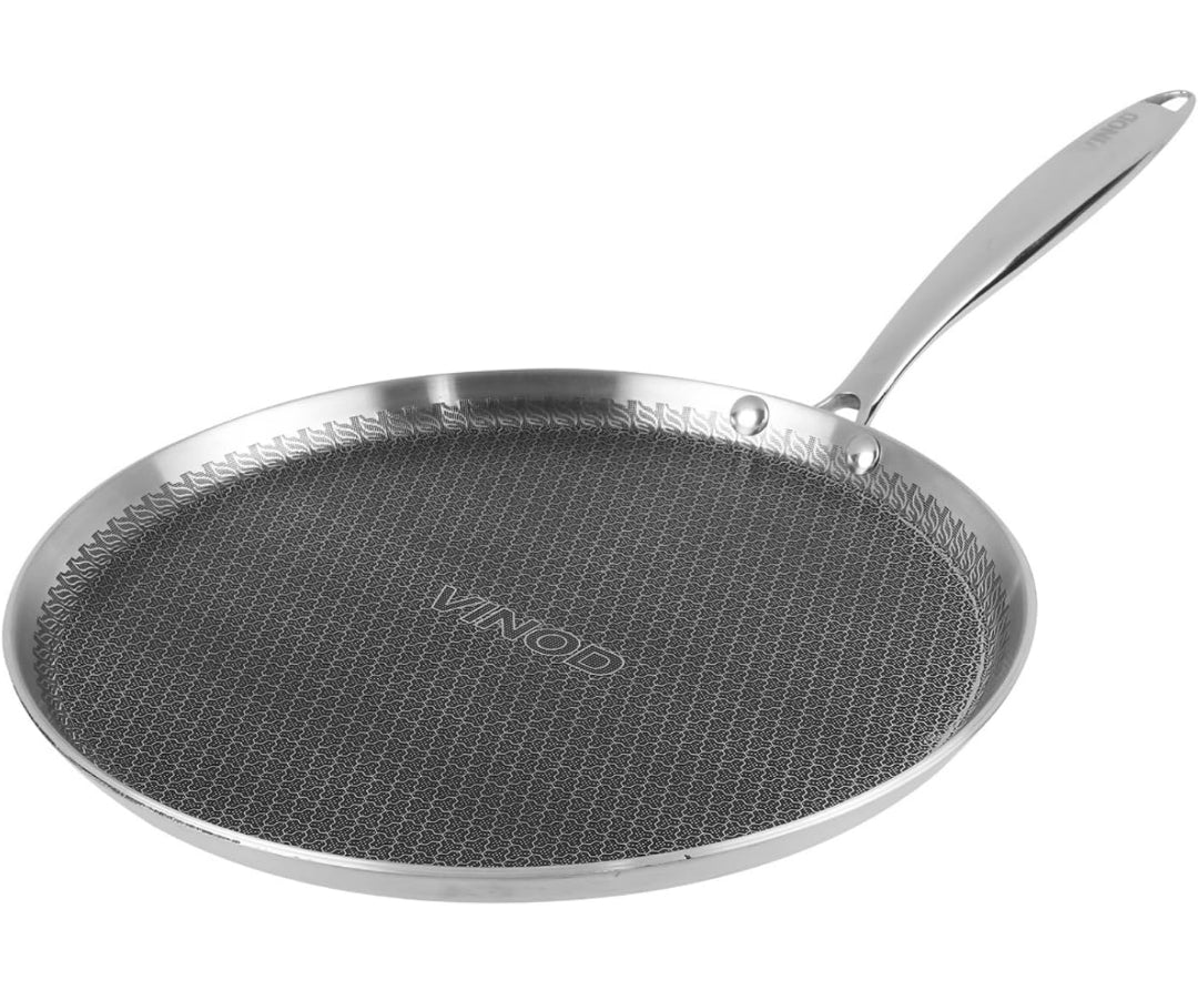 Vinod SAS Pro Platinum Triply Stainless Steel Dosa Tawa -  4.0 mm Thick | Hexa Design | Metal Spoon Friendly | Riveted Handle | Gas, Induction Base | 5-Year Warranty