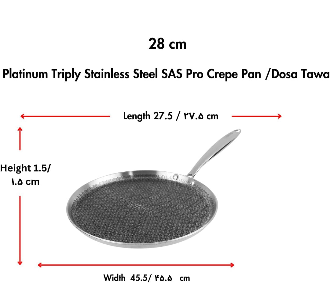 Vinod SAS Pro Platinum Triply Stainless Steel Dosa Tawa -  4.0 mm Thick | Hexa Design | Metal Spoon Friendly | Riveted Handle | Gas, Induction Base | 5-Year Warranty