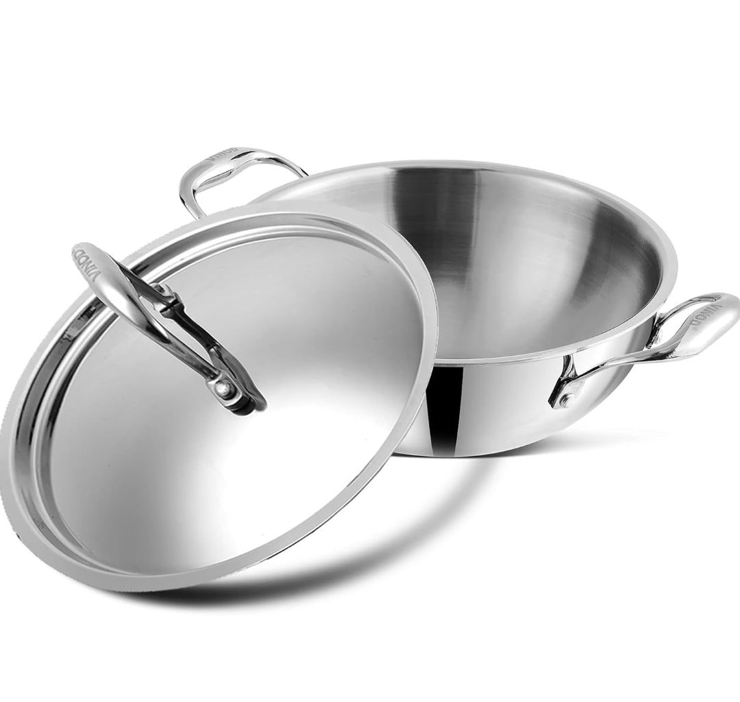 Vinod Platinum Triply Stainless Steel Extra Deep Kadai with Stainless Steel Lid 1.1 litres Capacity (18 cm Diameter) | 18 cm Triply Stainless Steel Kadai, Silver (Induction and Gas Stove Friendly)