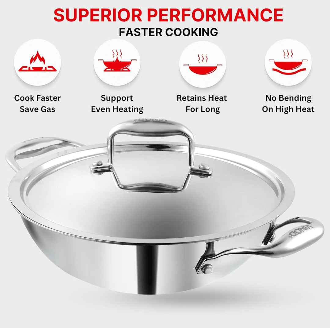 Vinod Platinum Triply Stainless Steel Extra Deep Kadai with Stainless Steel Lid 1.1 litres Capacity (18 cm Diameter) | 18 cm Triply Stainless Steel Kadai, Silver (Induction and Gas Stove Friendly)