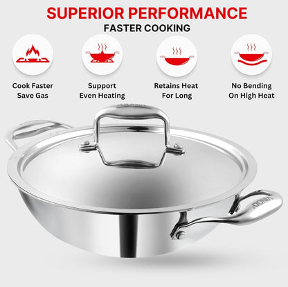 Vinod Platinum Triply Stainless Steel Extra Deep Kadai with Stainless Steel Lid 1.1 litres Capacity (18 cm Diameter) | 18 cm Triply Stainless Steel Kadai, Silver (Induction and Gas Stove Friendly)