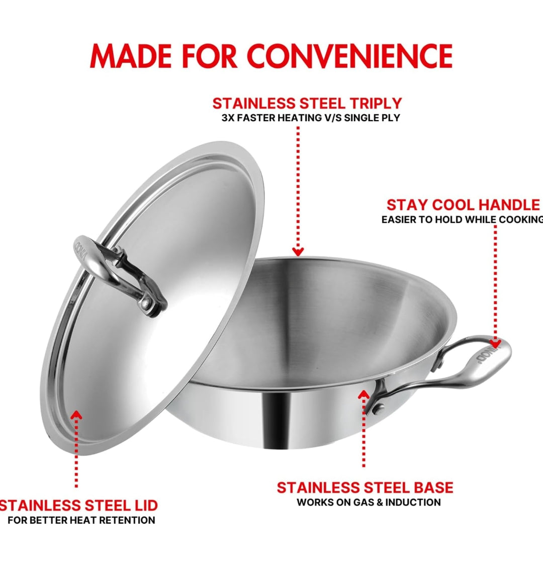 Vinod Platinum Triply Stainless Steel Extra Deep Kadai with Stainless Steel Lid 1.1 litres Capacity (18 cm Diameter) | 18 cm Triply Stainless Steel Kadai, Silver (Induction and Gas Stove Friendly)