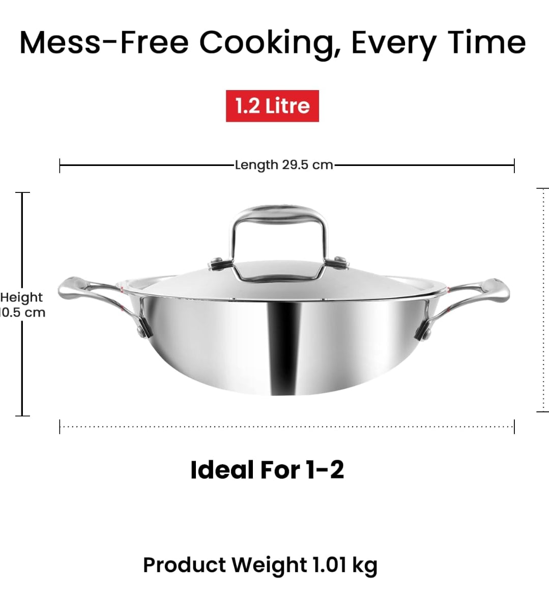 Vinod Platinum Triply Stainless Steel Extra Deep Kadai with Stainless Steel Lid 1.1 litres Capacity (18 cm Diameter) | 18 cm Triply Stainless Steel Kadai, Silver (Induction and Gas Stove Friendly)