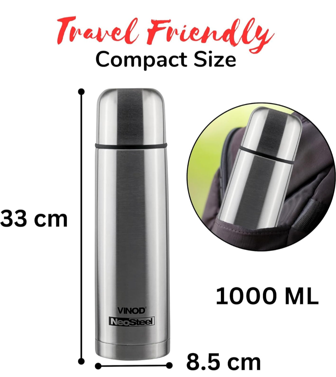 Vinod Bullet Stainless Steel Flask| Double Wall Insulated Steel Flask| Hot & Cold Water Bottle1000 ml