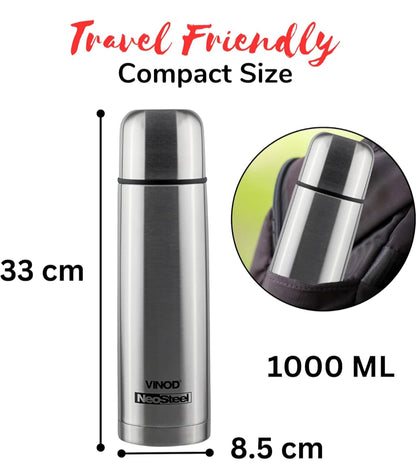 Vinod Bullet Stainless Steel Flask| Double Wall Insulated Steel Flask| Hot & Cold Water Bottle1000 ml
