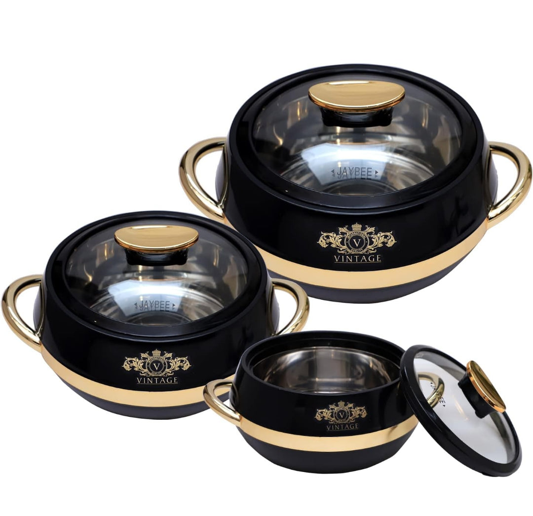 JAYPEE Vintage Set of 3 Casserole 2000 ml, 1500 ml and 1000 ml Black Casserole Set Stainless Steel