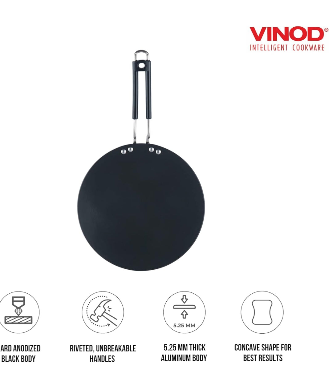 Vinod Black Pearl Hard Anodised Flat Roti Tawa - 26.5 cm | 5.25mm Thick