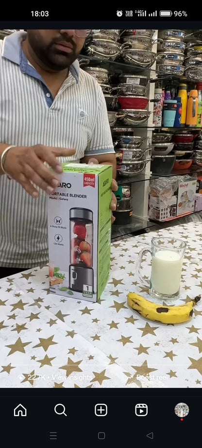 AGARO Galaxy Portable Blender, 450ml, For Smoothies, Shakes, 126W, 3000 mAh Battery.