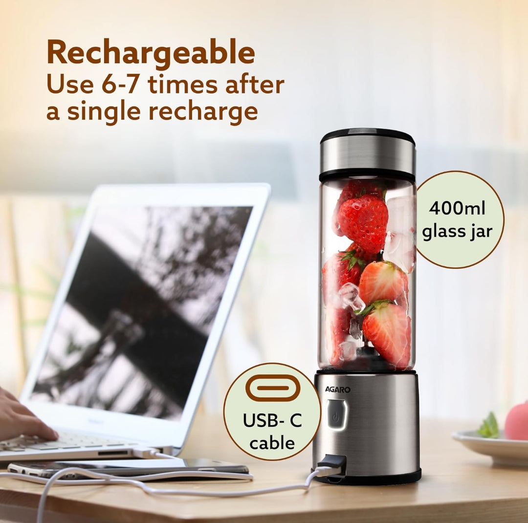 AGARO Galaxy Portable Blender, 450ml, For Smoothies, Shakes, 126W, 3000 mAh Battery.